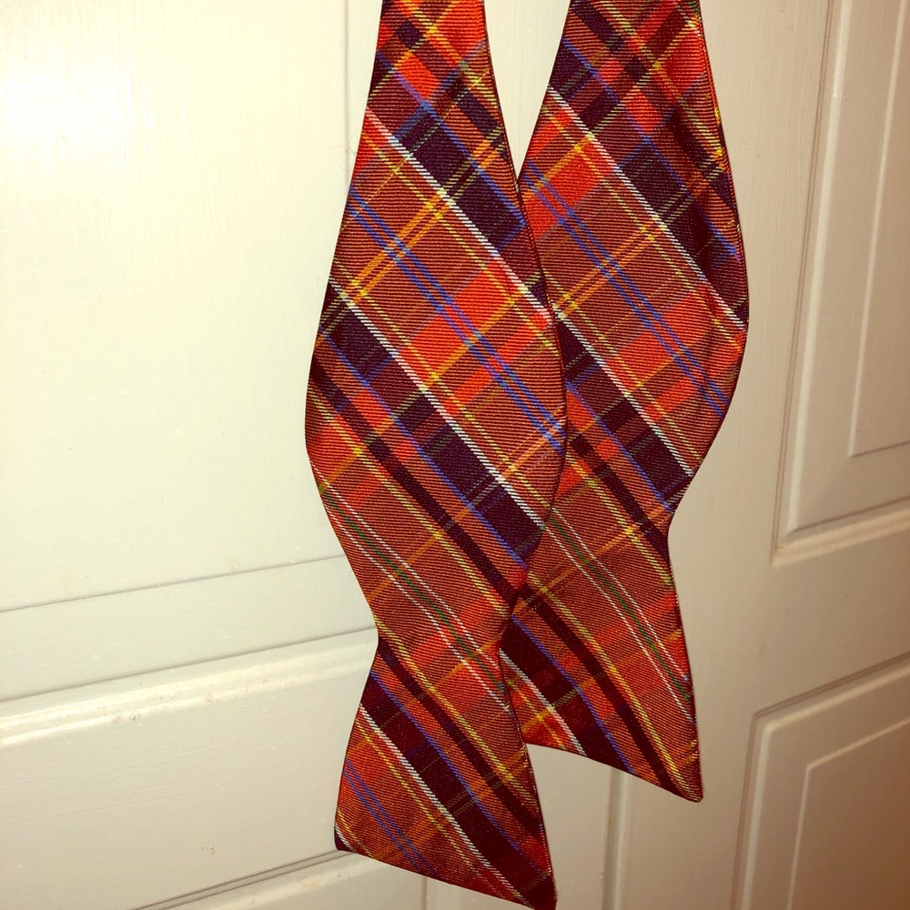 Orange and green plaid silk bow tie, adjustable